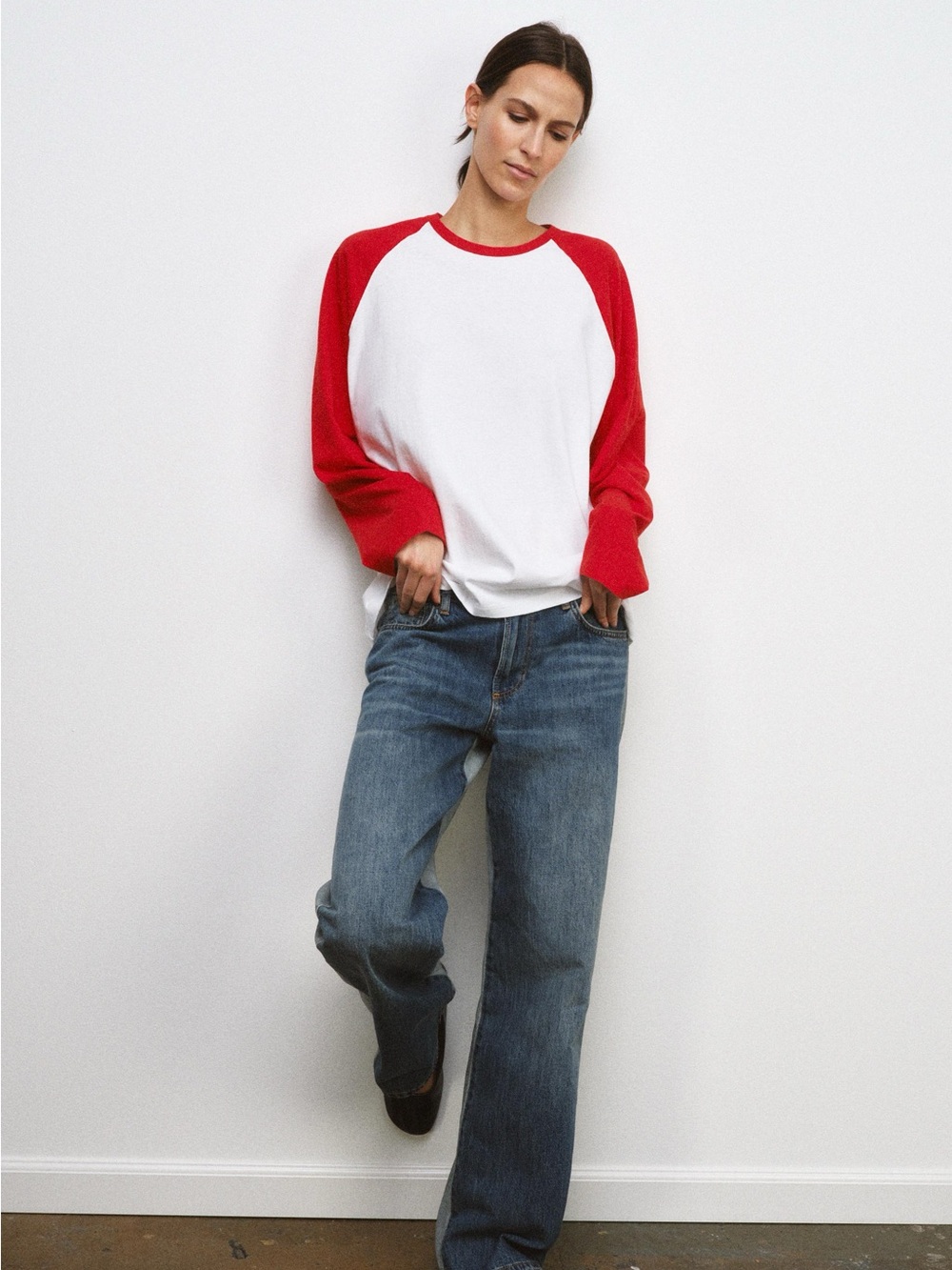 NWT - ZARA Raglan Long Sleeve Baseball Tee. Red/White. Small P2P 23”